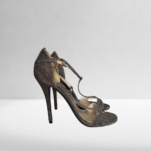 Stuart Weitzman T Strap High Heel Stiletto Sandals in Pyrite Nocturn Size 9